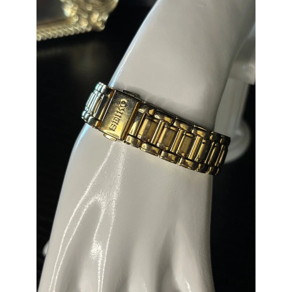 Seiko Chronograph Gold Tone Crystal Bezel Watch 7T92-0MZ0 Womens Stainless Steel